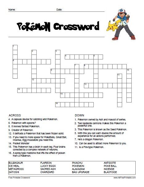 Free Printable Pokemon Crossword