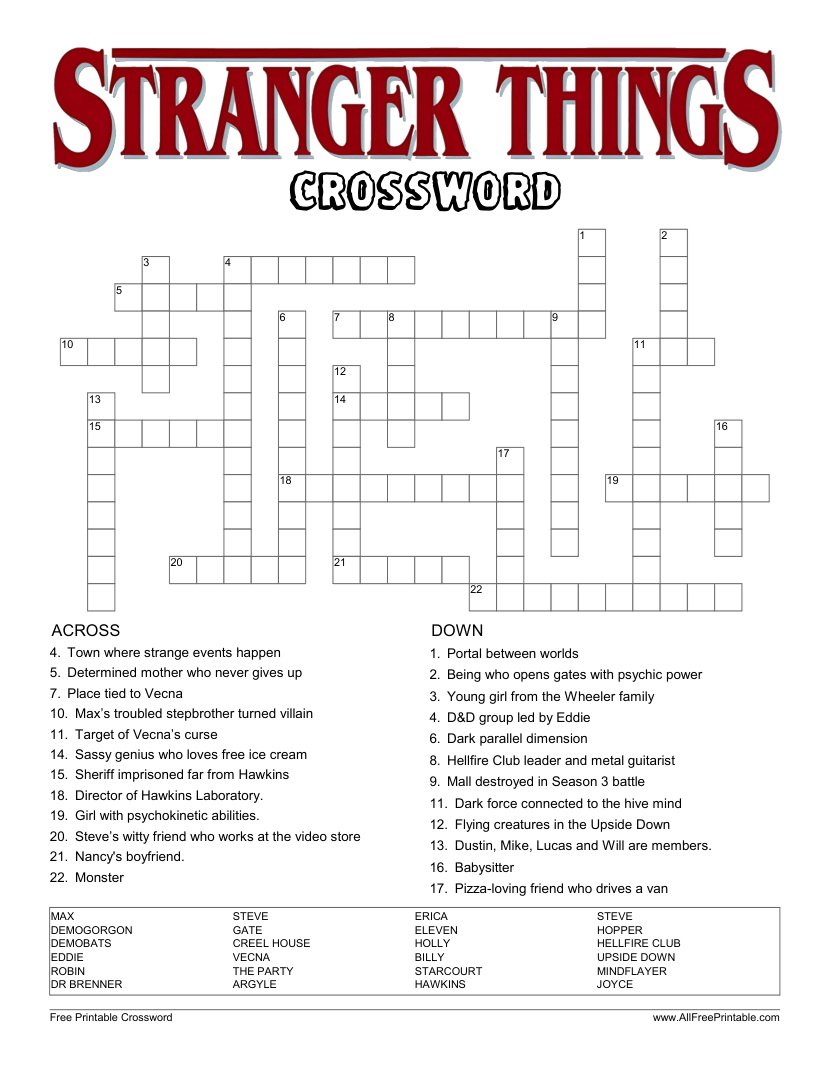 Free Printable Stranger Things Crossword Puzzle PDF