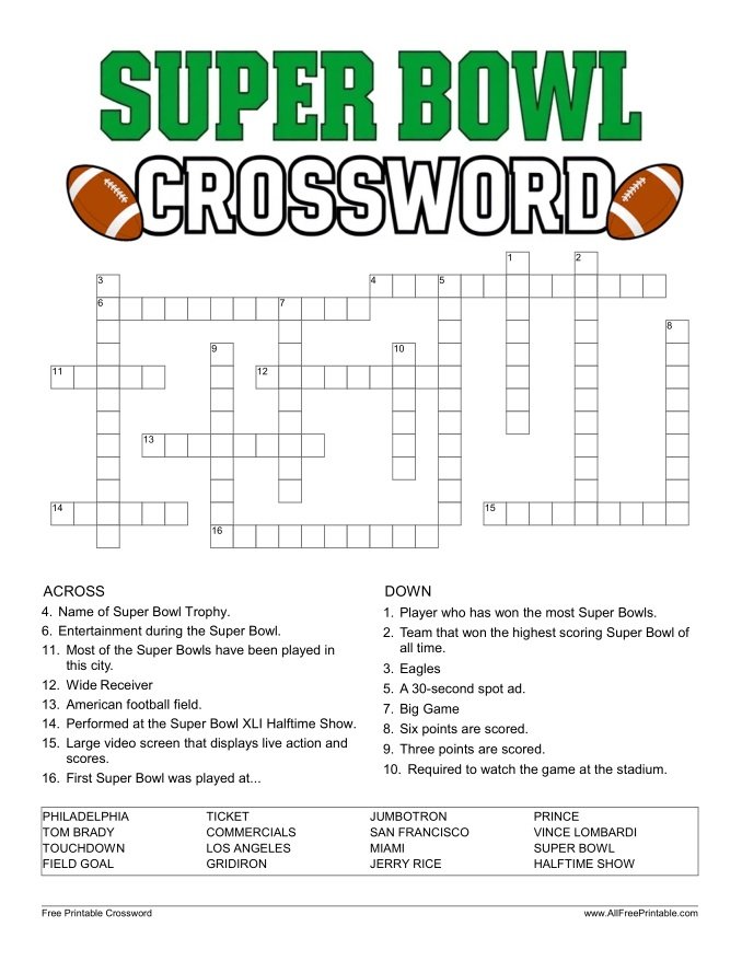 Free Printable Super Bowl Crossword Puzzle