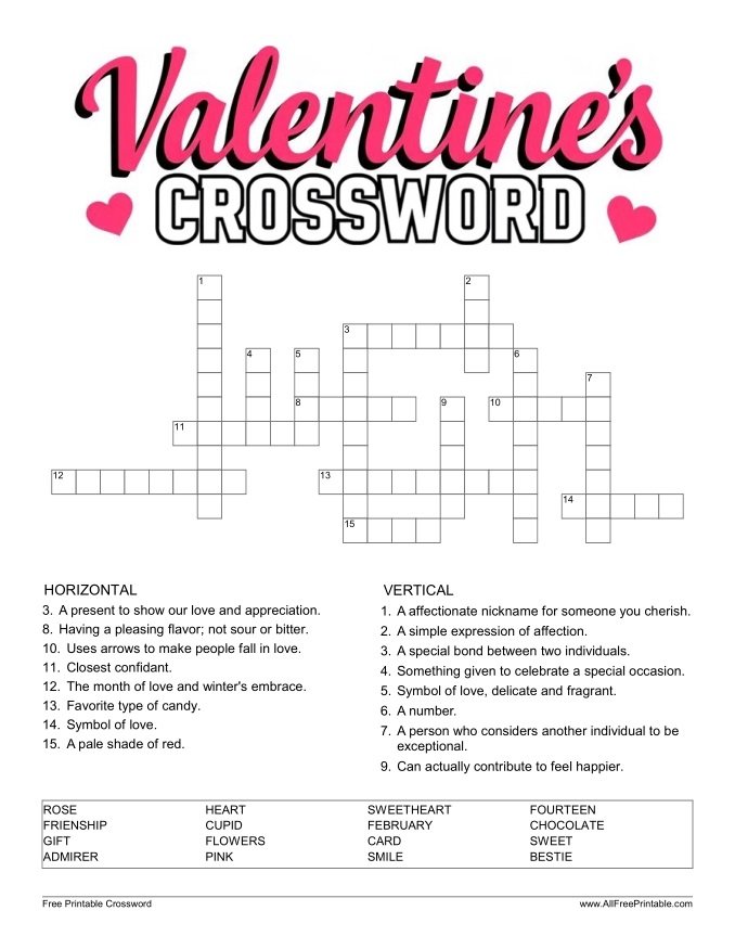 Valentine s Crossword Free Printable Valentine s Crossword Free Printable
