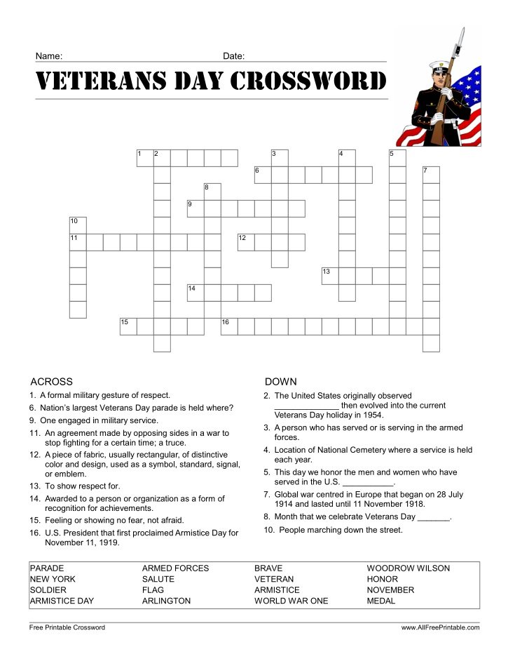 Free Printable Veterans Day Crossword Puzzle