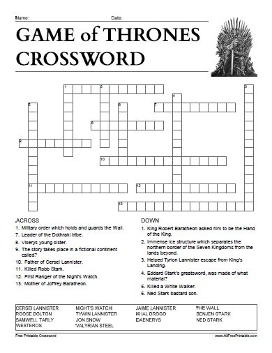 Free Printable Game of Thrones Crossword