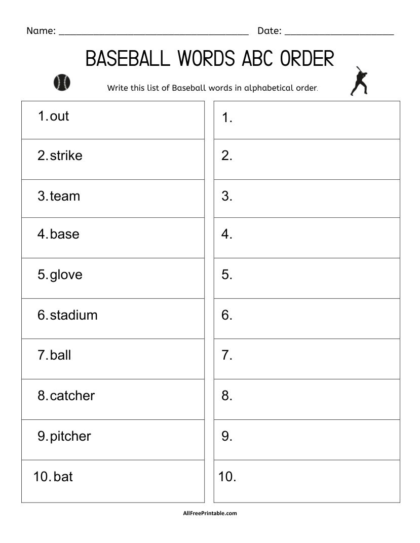 Free Printable Baseball Words ABC Order