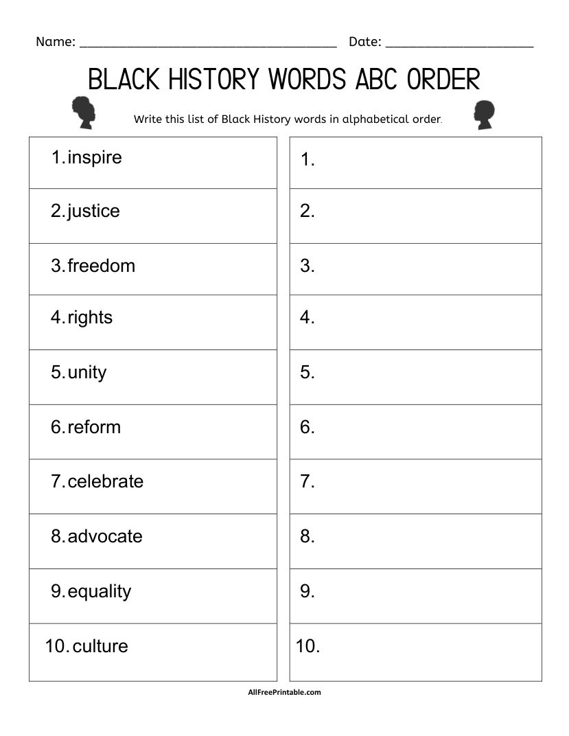 Free Printable Black History Words ABC Order