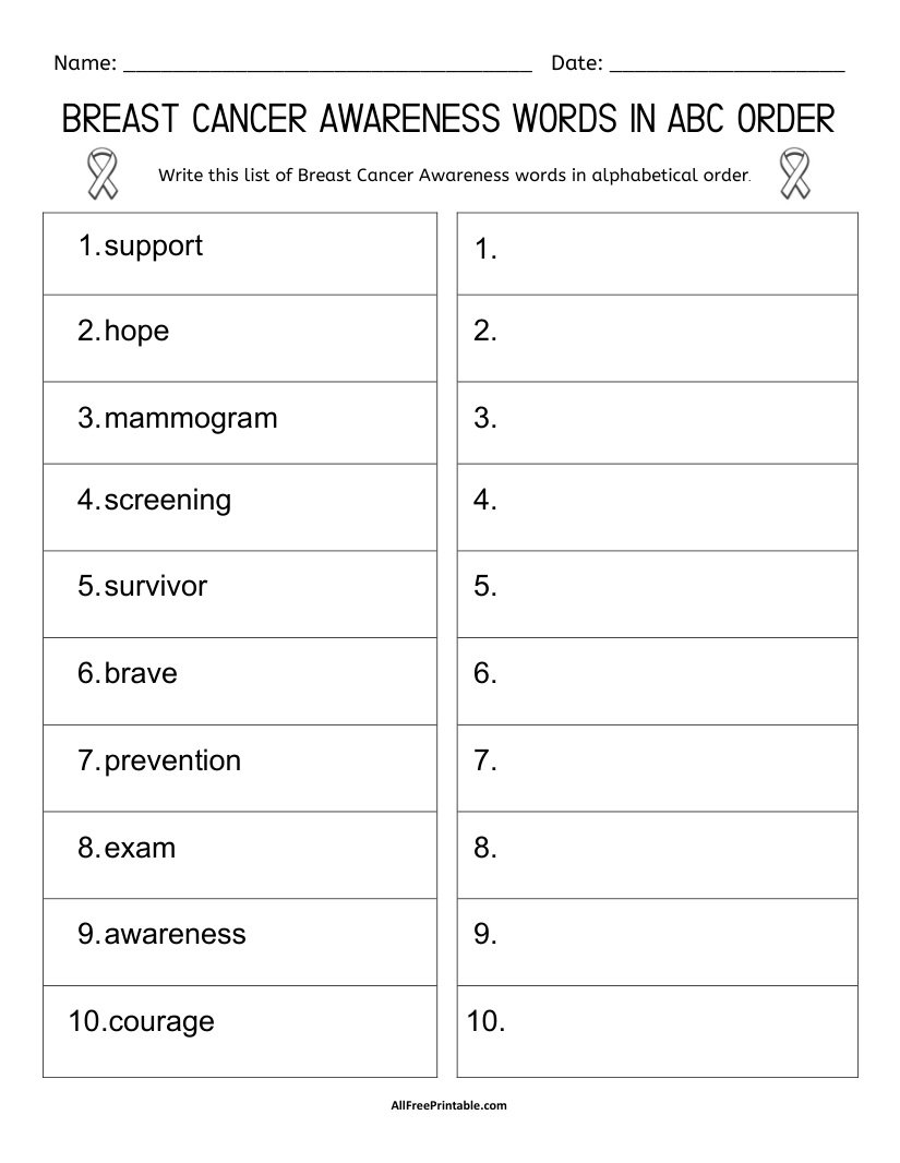 Free Printable Breast Cancer Awareness Words in ABC Order