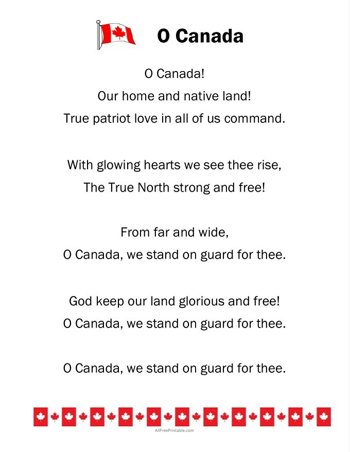 Free Printable Canada National Anthem Lyrics