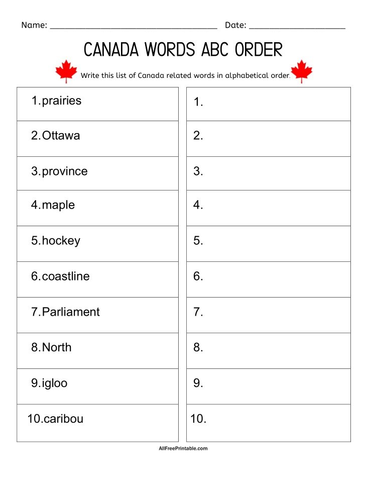 Free Printable Canada Words ABC Order