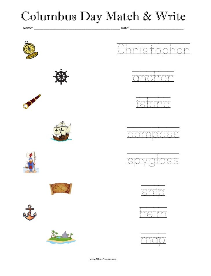 Free Printable Columbus Day Matching Worksheet