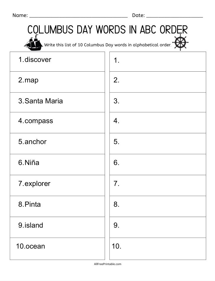 Free Printable Columbus Day Words ABC Order