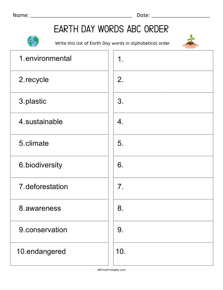 Free Printable Earth Day Words ABC Order