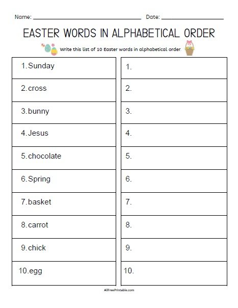 Free Printable Easter Words in Alphabetical Order