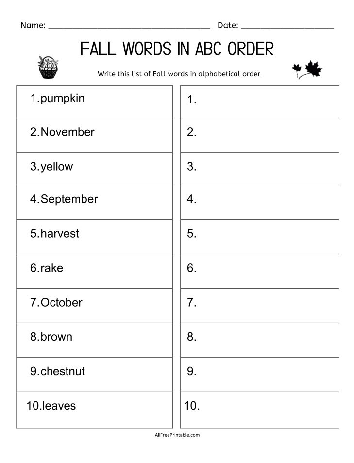 Free Printable Fall Words ABC Order