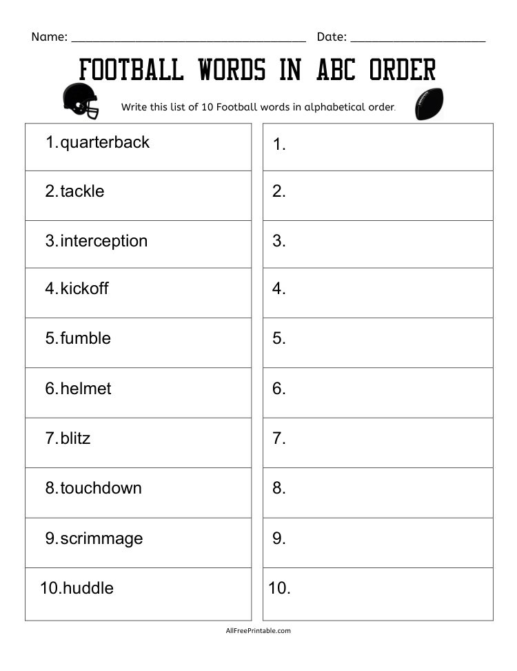 Free Printable Football Words in ABC Order Free Printable Football Words ABC Order