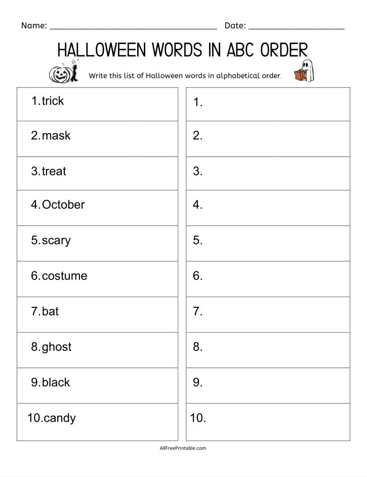 Free Printable Halloween Words ABC Order