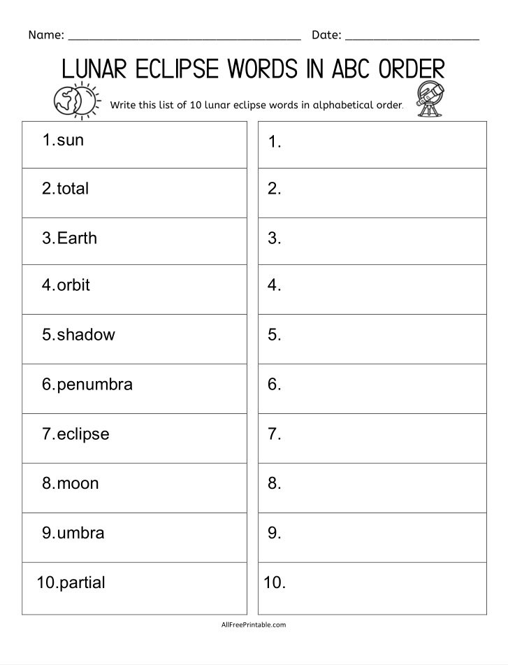 Free Printable Lunar Eclipse Words ABC Order