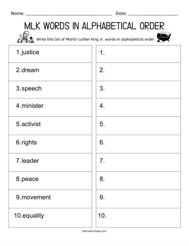 Free Printable MLK Words in Alphabetical Order