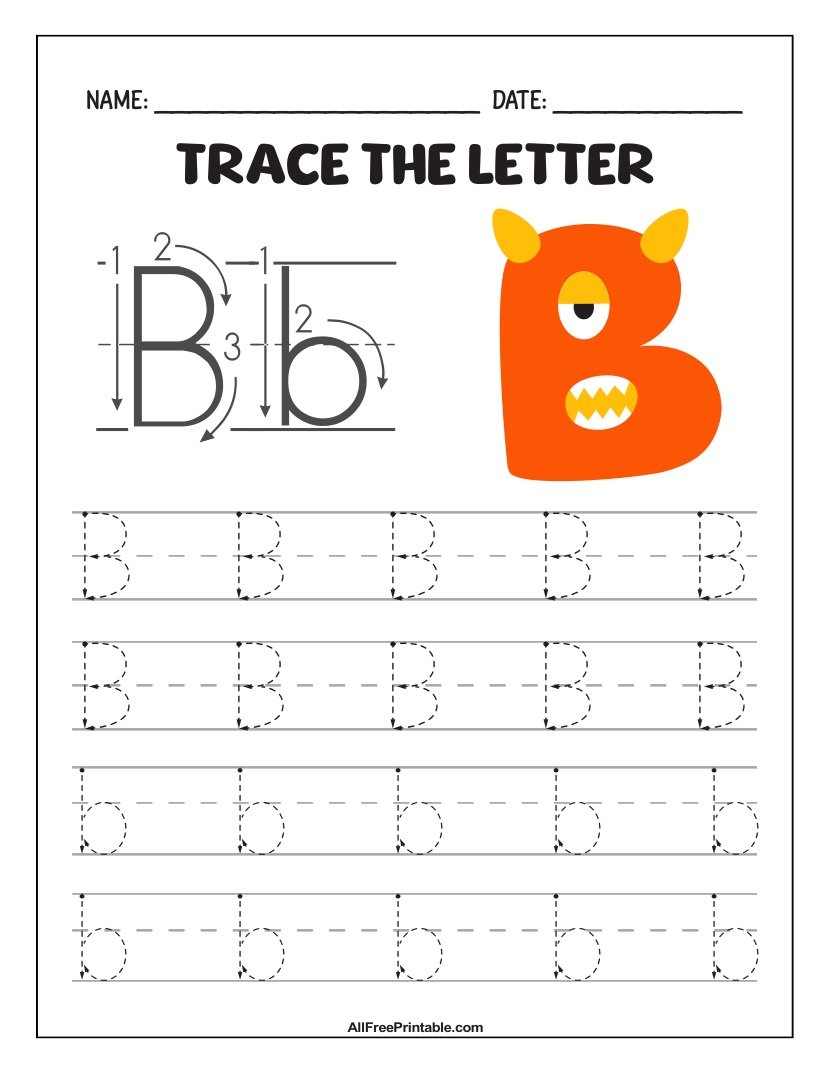 Free Printable Monster Fun Letter B Tracing Worksheet for kids Free Printable Monster Fun Letter B Tracing Worksheet for Kids