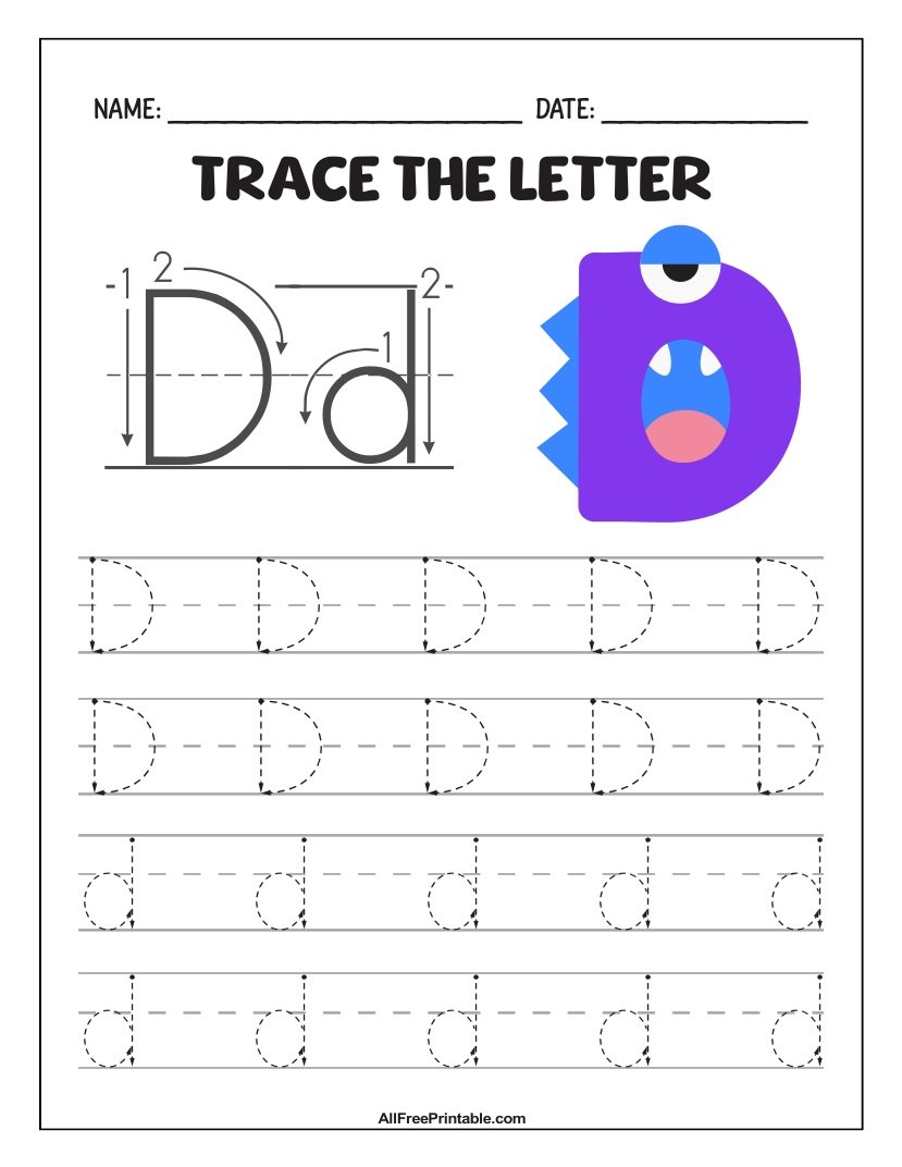 Free Printable Monster Fun Letter D Tracing Worksheet for kids
