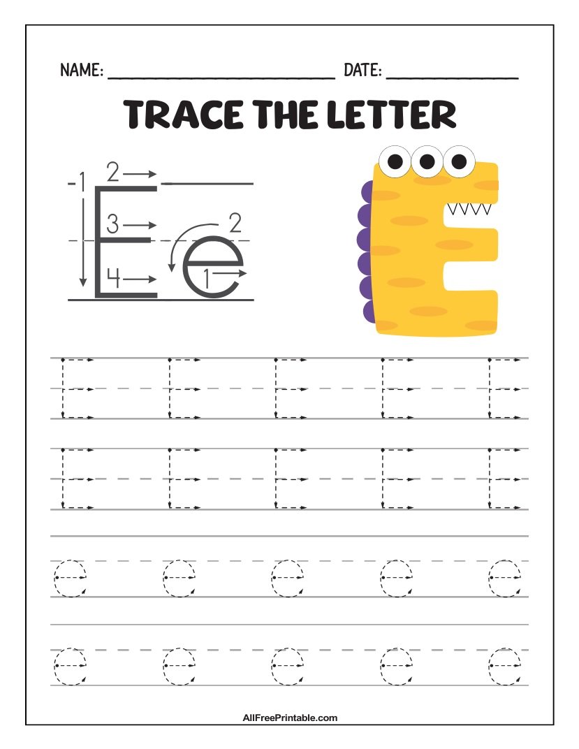 Free Printable Monster Fun Letter E Tracing Worksheet