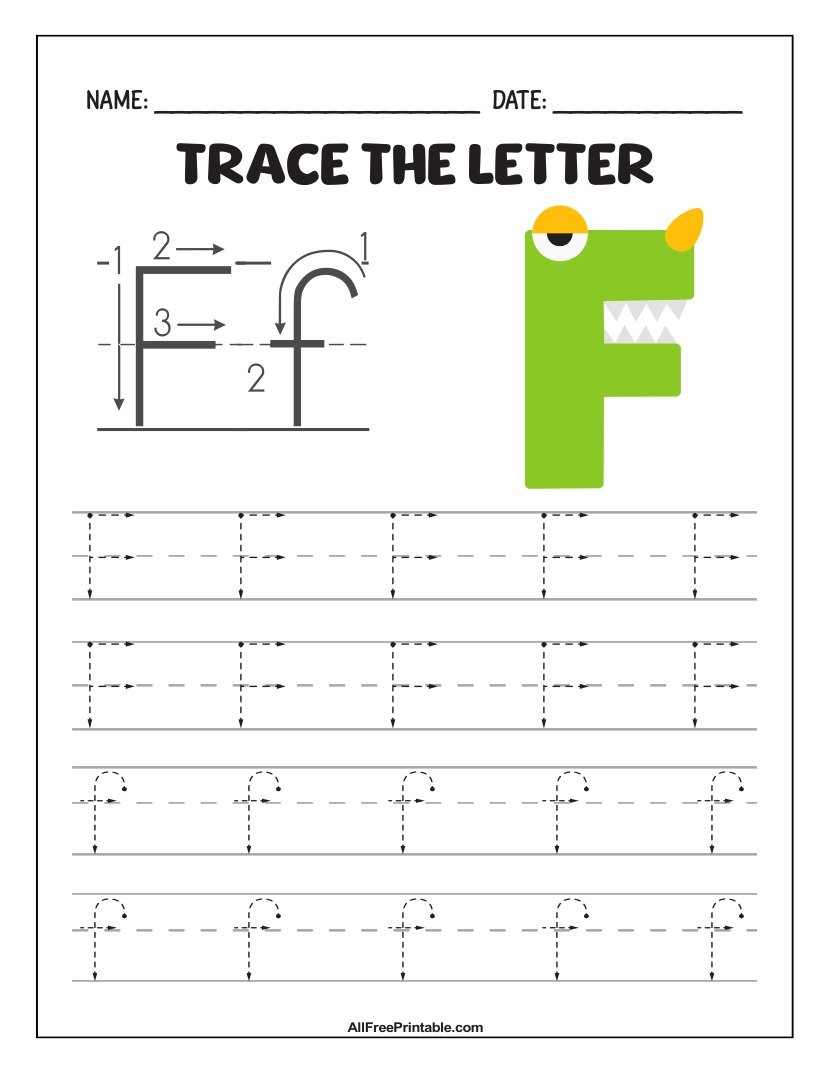 Free Printable Monster Fun Letter F Tracing Worksheet for Kids