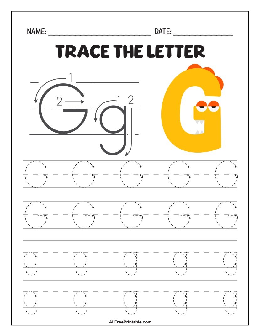 Free Printable Monster Fun Letter G Tracing Worksheet for Kids