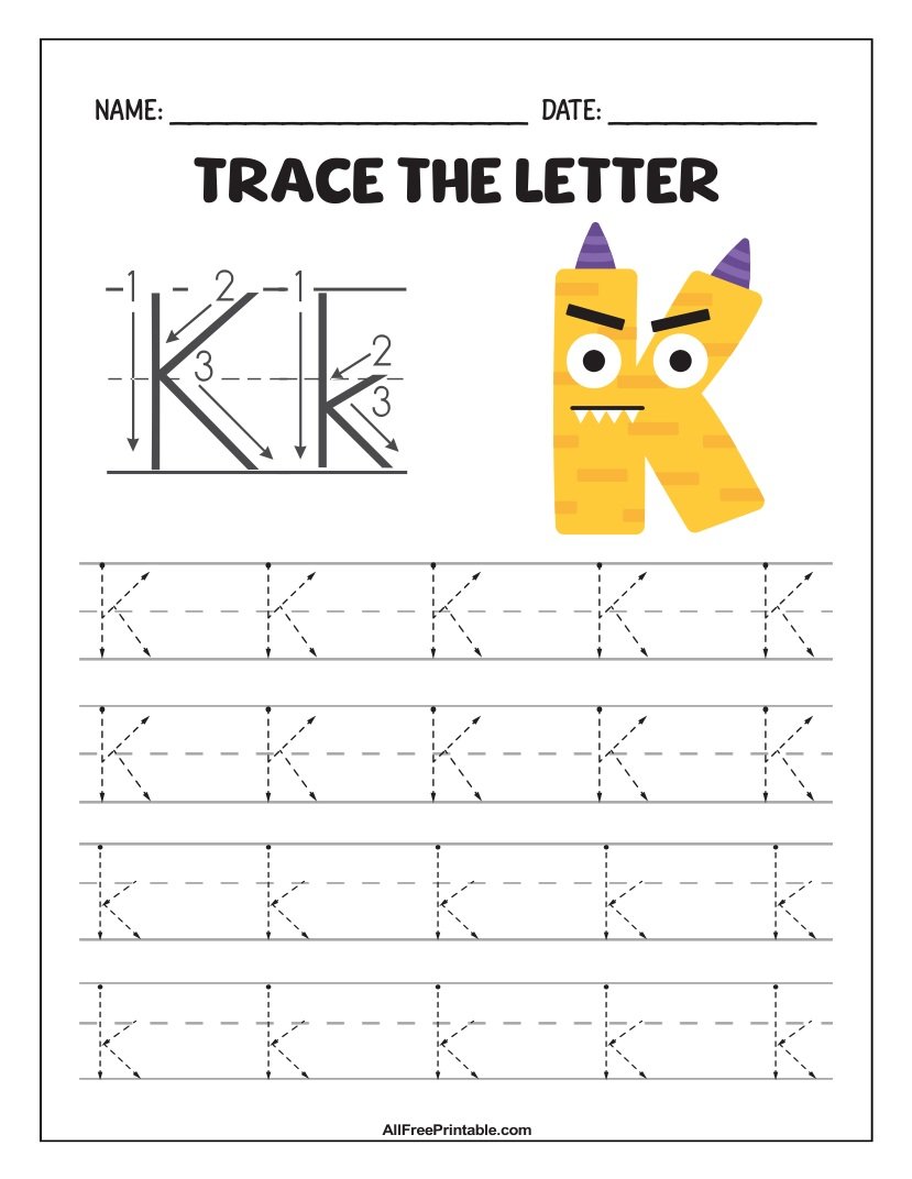 Free Printable Monster Fun Letter K Tracing Worksheet for Kids