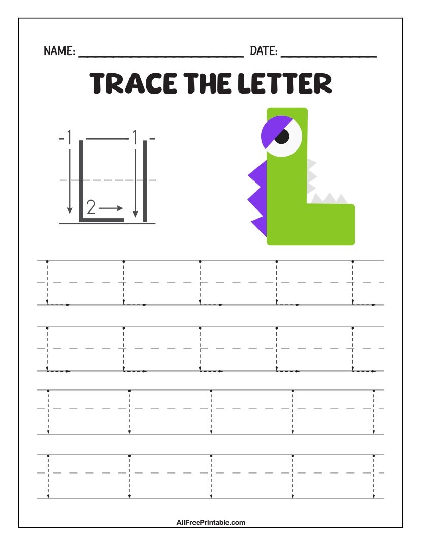 Free Printable Monster Fun Letter L Tracing Worksheet for Kids
