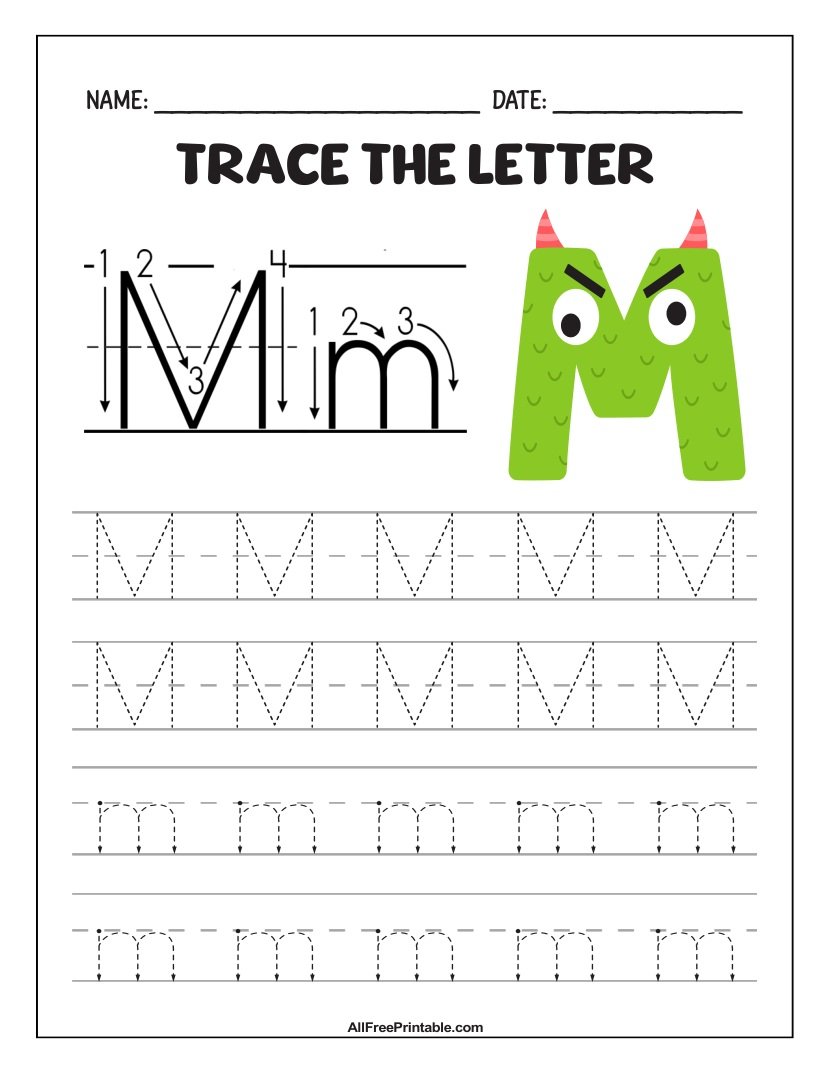 Free Printable Monster Fun Letter M Tracing Worksheet for Kids