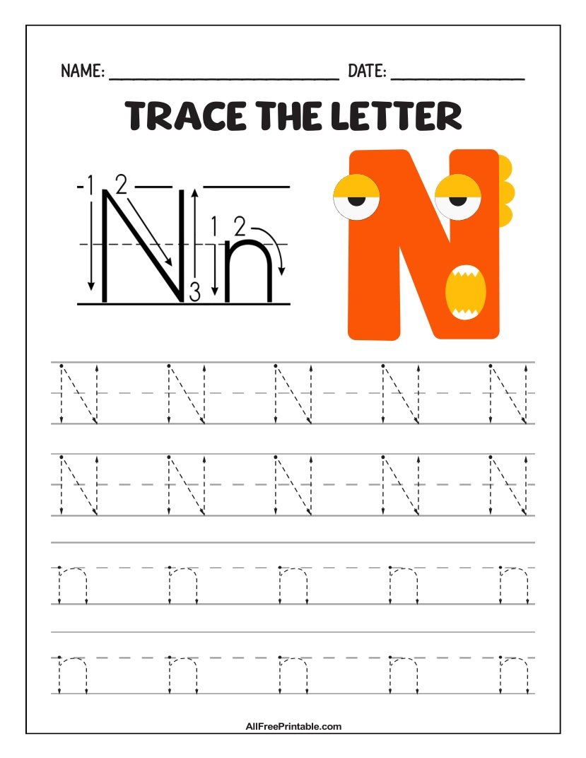 Free Printable Monster Fun Letter N Tracing Worksheet for Kids