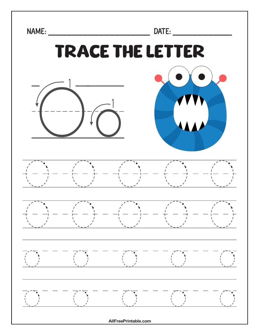 Free Printable Monster Fun Letter O Tracing Worksheet for Kids