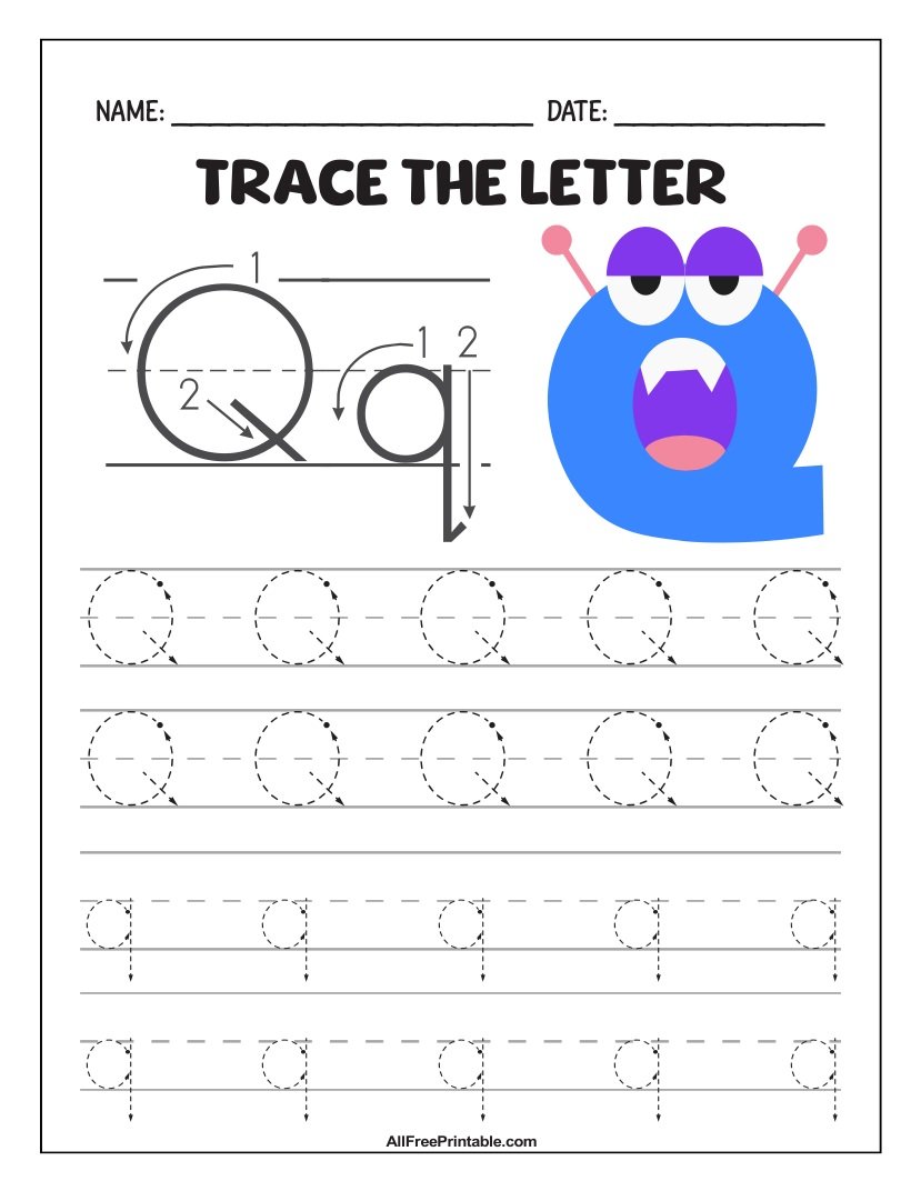 Free Printable Monster Fun Letter Q Tracing Worksheet for Kids
