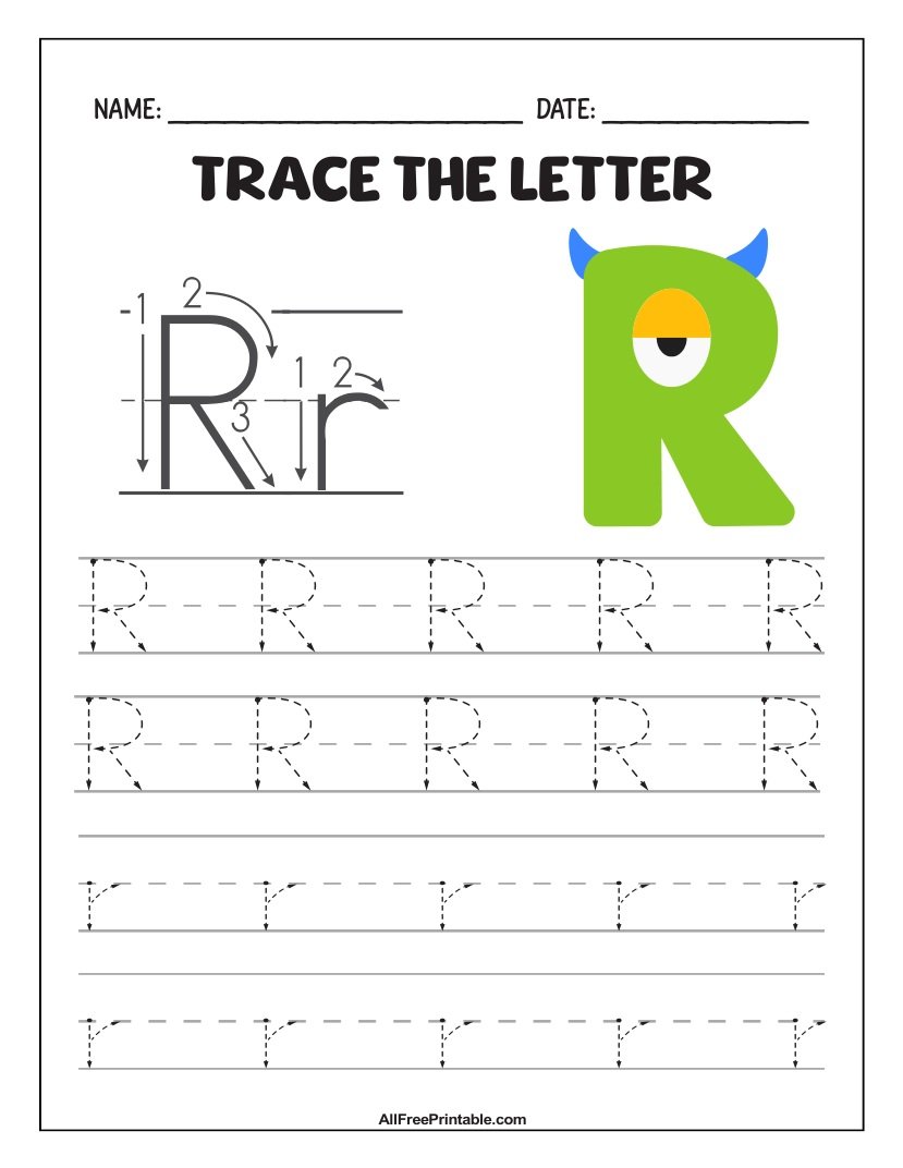 Free Printable Monster Fun Letter R Tracing Worksheet for Kids