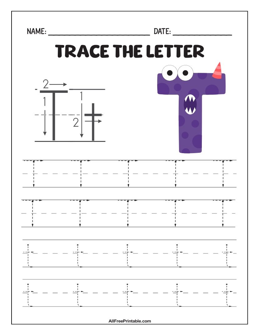Free Printable Monster Fun Letter T Tracing Worksheet for Kids Free Printable Monster Fun Letter T Tracing Worksheet for Kids