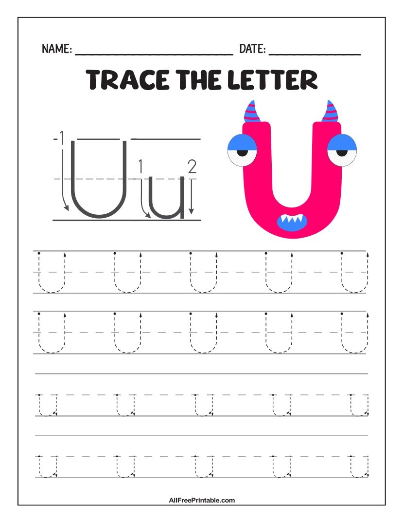 Free Printable Monster Fun Letter U Tracing Worksheet for Kids Free Printable Monster Fun Letter U Tracing Worksheet for Kids