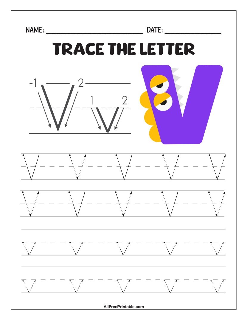 Free Printable Monster Fun Letter V Tracing Worksheet for Kids
