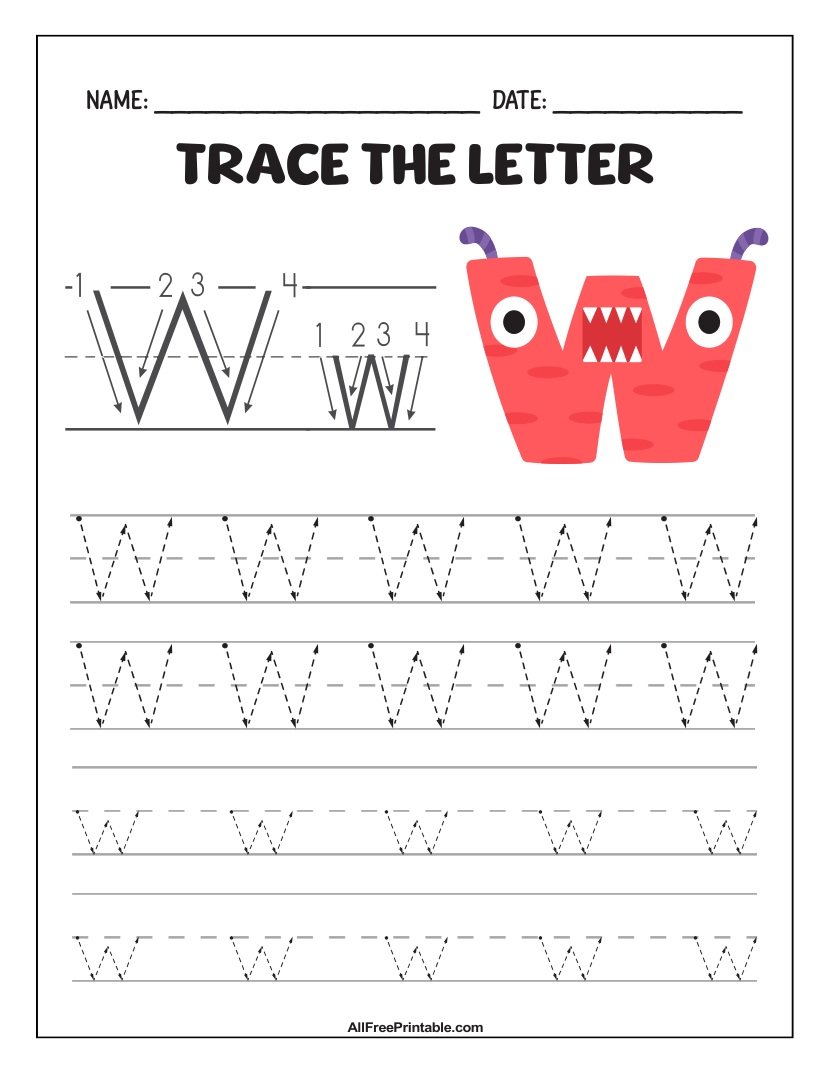 Free Printable Monster Fun Letter W Tracing Worksheet for Kids