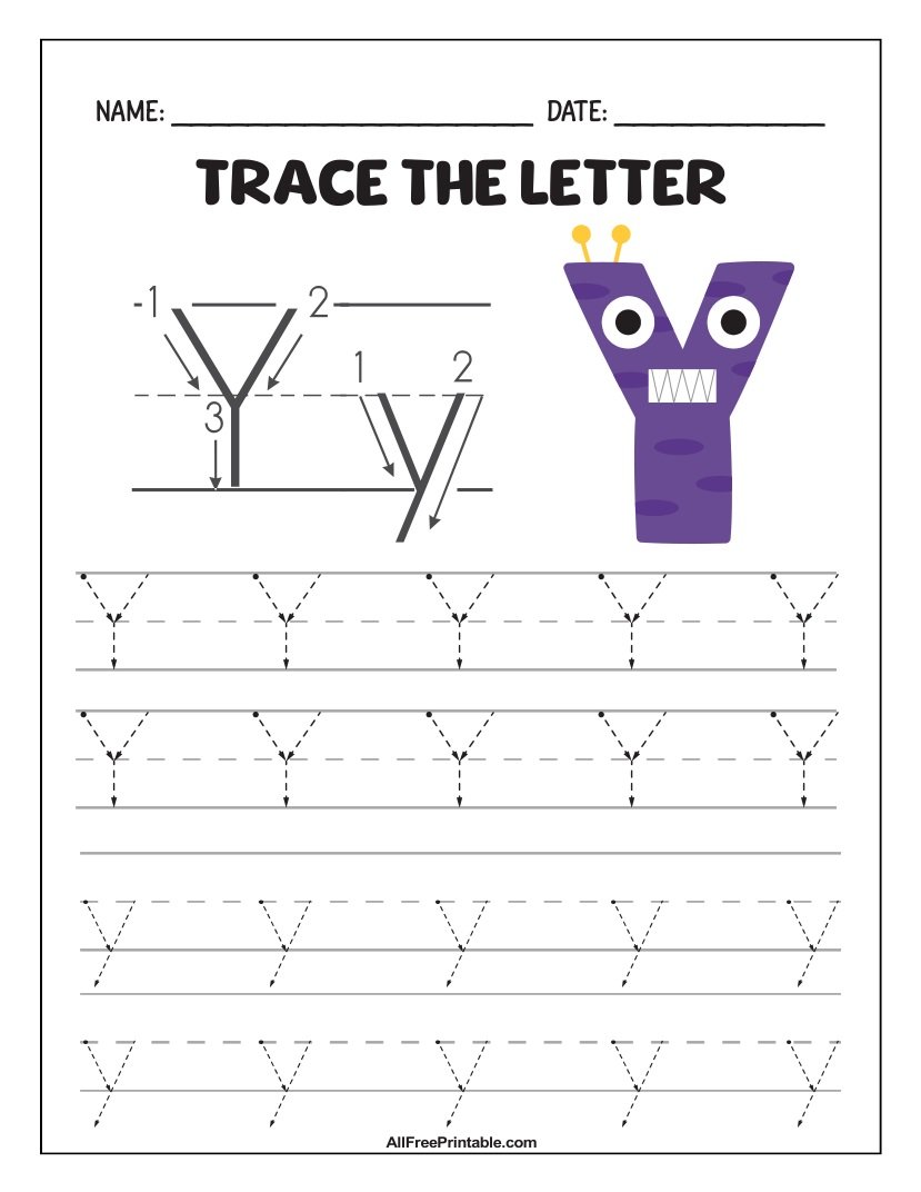 Free Printable Monster Fun Letter Y Tracing Worksheet for Kids