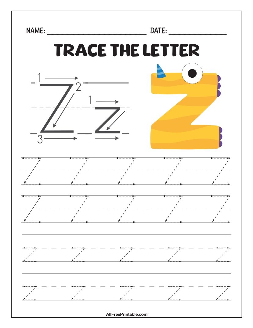 Free Printable Monster Fun Letter Z Tracing Worksheet for Kids