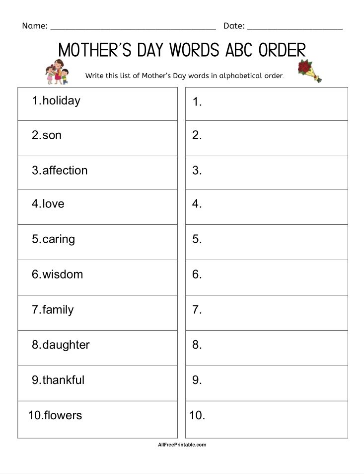 Mother's Day Words ABC Order