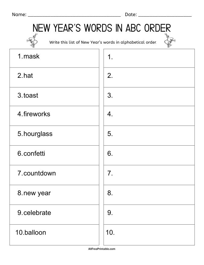 Free Printable New Year's Words in ABC Order