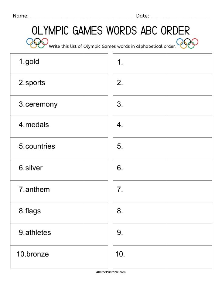 Free Printable Olympic Games Words ABC Order