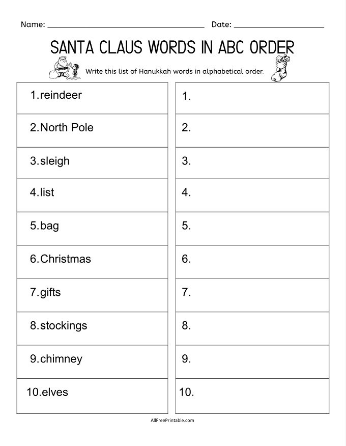 Free Printable Santa Claus Words in ABC Order