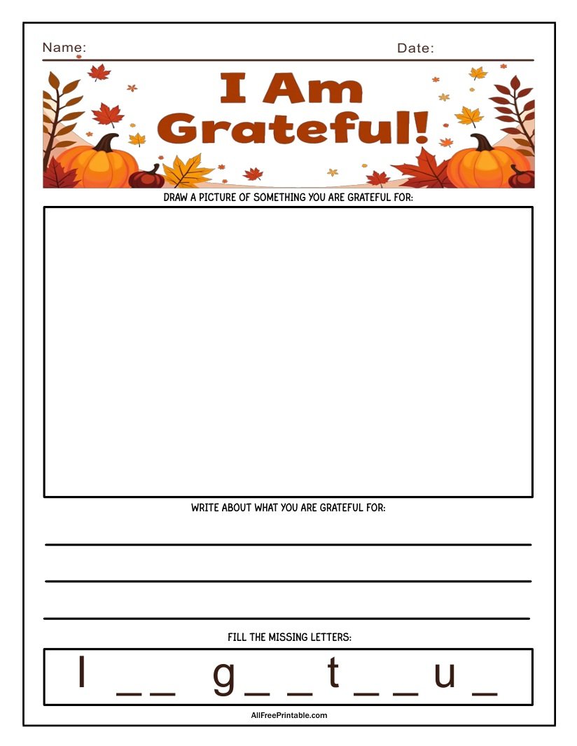 Free Printable Thanksgiving I Am Grateful Worksheet