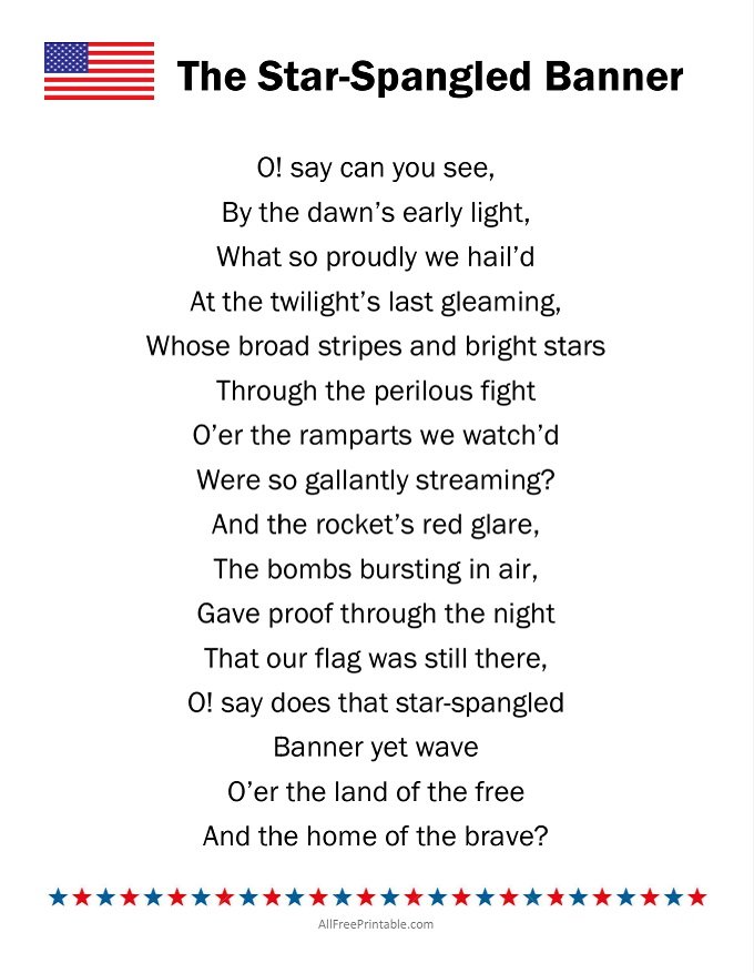 Free Printable United States National Anthem Lyrics