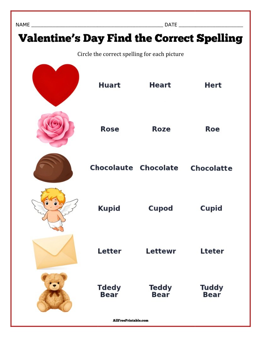 Free Printable Valentine’s Day Find the Correct Spelling Worksheet