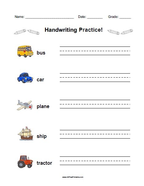 Vehicles Handwriting Practice Worksheet