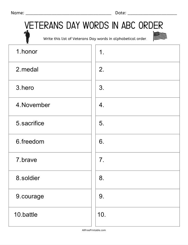 Free Printable Veterans Day Words in ABC Order