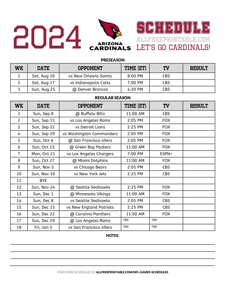 Free Printable 2024 Arizona Cardinals Schedule