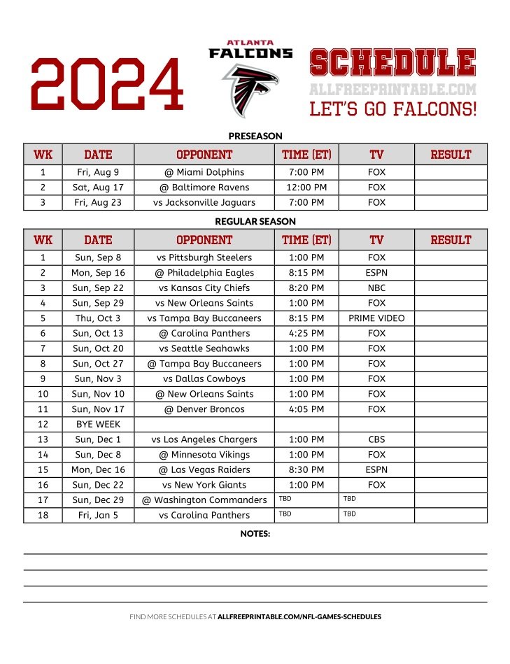 2024 Atlanta Falcons Schedule Free Printable