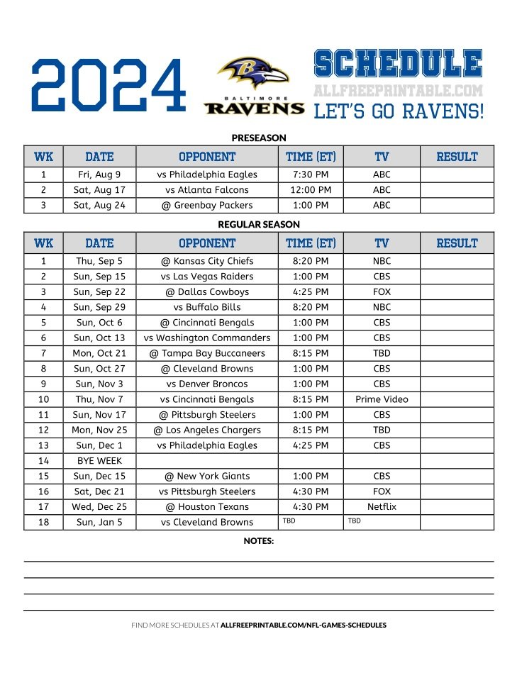 Free Printable 2024 Baltimore Ravens Schedule